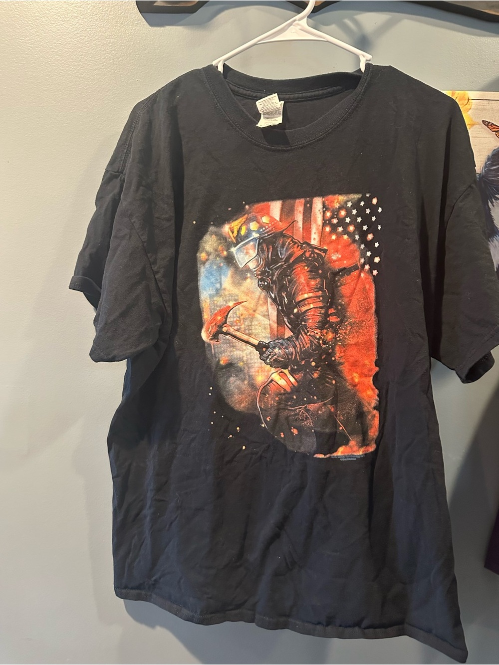 Black Graphic Firefighter Tee with American Flag